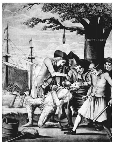 Bostonians Paying the Excise-Man. This copy of a 1774 mezzotint attributed to Philip Dawe illustrated what the British saw as the unruly behavior of American colonists. It depicts Bostonians forcing tea down the throat of John Malcolm, a customs official who has been tarred and feathered, with the liberty tree and the Boston tea party in the background. 