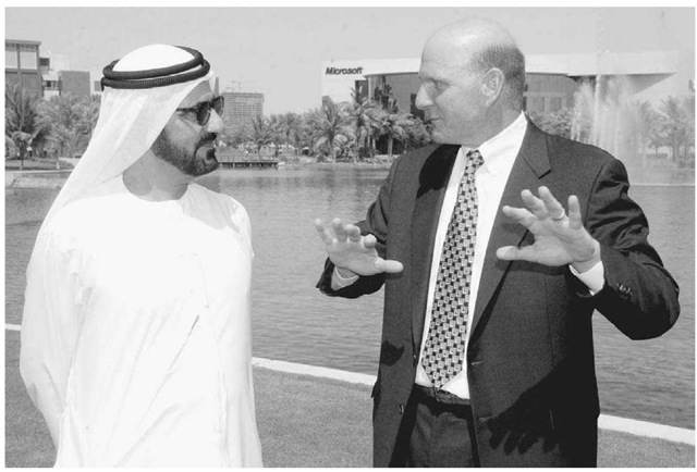 Microsoft Executive Steve Ballmer in Dubai, April 25, 2005. Ballmer (right), the chief executive of the American software company Microsoft, chats in Dubai with Sheik Mohammad bin RashidAl Maktoum, the crown prince of Dubai and defense minister of the United Arab Emirates. Microsoft and the Dubai government signed an agreement to develop software applications. 