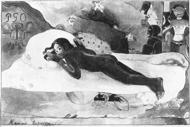 Manao Tupapau, Paul Gauguin, 1892. In this picture, Gauguin depicts his Tahitian lover terrified one night by the spirits of the dead. Although the artist drew upon the European tradition of the reclining nude, Manao Tupapau also reflects Tahiti's brilliant colors, native motifs, and "primitive" life. 