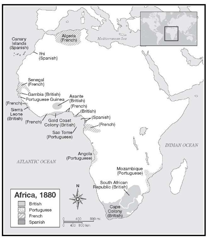 Europe's Colonies in Africa, 1880. Britain, France, Portugal, and Spain had established a number of colonies in Africa by 1880, four years before the Berlin Conference was convened to resolve territorial disputes between these and other colonial powers. 