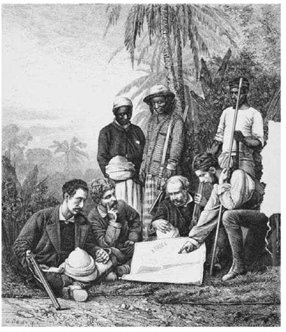 Henry Morton Stanley. The Welsh-born explorer and journalist Henry Morton Stanley led expeditions across Central Africa during the 1870s and 1880s. In this illustration he consults a map with the assistance of African guides and other members of his expedition.