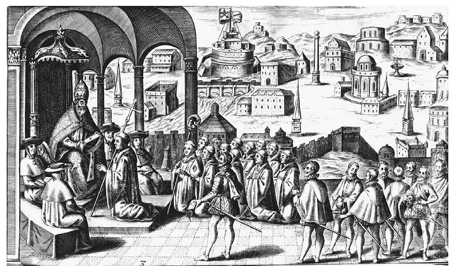 Pope Alexander VI with Clerics and Noblemen. In 1493 Pope Alexander VI, depicted in this mid-eighteenth-century engraving, established the line of demarcation that defined the spheres of Spanish and Portuguese influence in the world; the line was later renegotiated with the Treaty of Tordesillas, signed in 1494. 