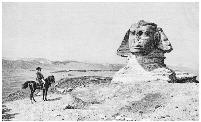 Napoleon in Egypt. Napoleon Bonaparte's expedition to Egypt in 1798 gave large numbers of a Middle Eastern population direct exposure to Western ideas in practice. The French emperor is shown in this illustration gazing at the Great Sphinx near Giza. 