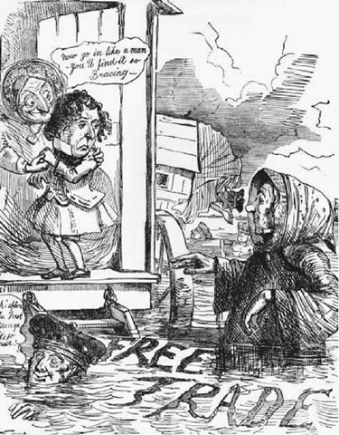 The Waters of Free Trade. This cartoon, published in England on August 21, 1852, ridiculed the trepidation of British politicians toward the economist Richard Cobden's philosophy of free trade. 