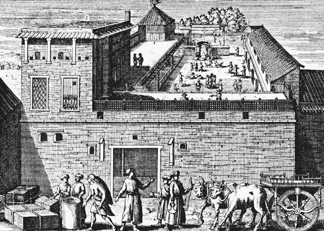 The First English Trading Station in India. This illustration from the 1727 edition of The Voyages of Mandelslo by Johann Albrecht von Mandelslo shows the first English trading station in India, established at Surat in 1613. 
