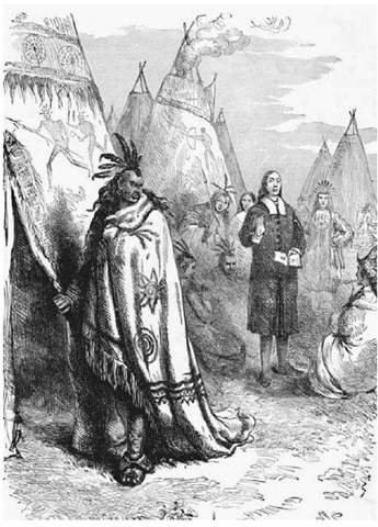 A Bible Lesson in Colonial Massachusetts. Christian hopes of evangelizing the entire world underpinned most justifications for European empire, and the alleged responsibility to convert heathens to the Christian faith extended to Britain s North American colonies. In this illustration, a European missionary preaches to Indians in the Massachusetts area.