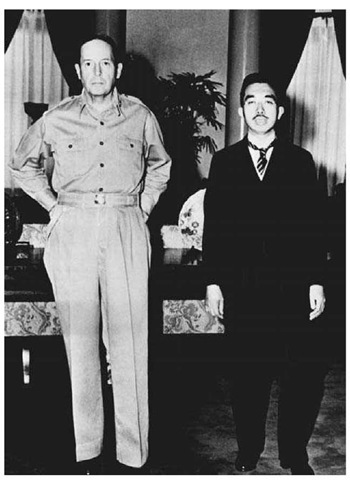 MacArthur and Hirohito in Tokyo. General Douglas MacArthur stands with Hirohito, Japan s wartime emperor, in the U.S. Embassy in Tokyo on September 27, 1945. Hirohito found a great ally in MacArthur, who believed that the retention of Hirohito himself, and not merely the office of emperor, was essential for the successful rebuilding of Japan.  