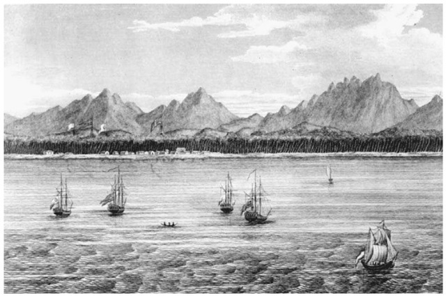 East India Company Ships in Malabar. Ships belonging to the British East India Company explore the coast of Malabar at Calicut in southwest India in this nineteenth-century illustration.