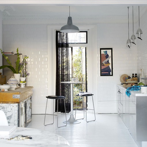 White kitchen IKEA stainless steel units door to garden vintage French marble butchers block painted whitewashed stained floorboards real home L etc 03/2008 not used