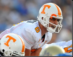 Sep 1, 2008; Pasadena, CA, USA; Tennessee Volunteers quarterback Jonathan Crompton (8) takes a snap during 27-24 overtime loss to the UCLA Bruins at the Rose Bowl. 