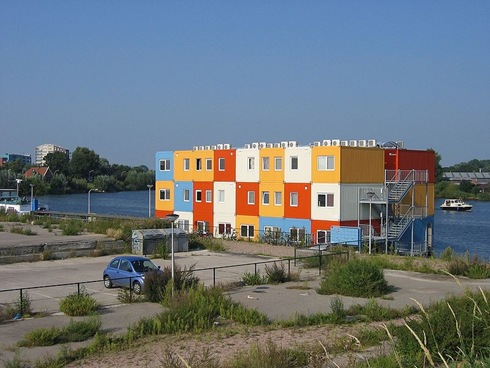 This multicolored building is a houseboat for student in Zwolle, Netherlands 