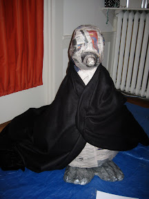 During the course of the previous evening we decided it would be easier to coat Penguino in fabric rather than spray paint him.