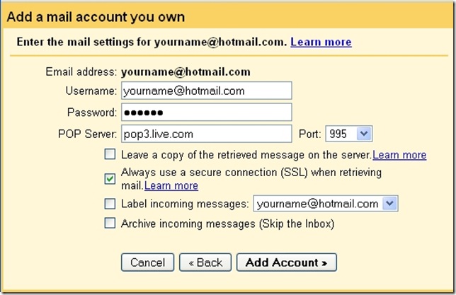 gmail add hotmail account