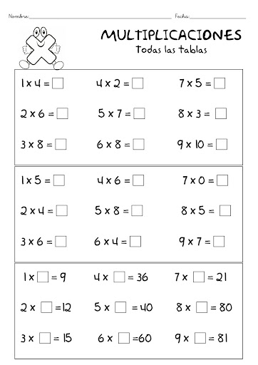 EJERCICIOS TABLAS DE MULTIPLICAR PARA IMPRIMIR