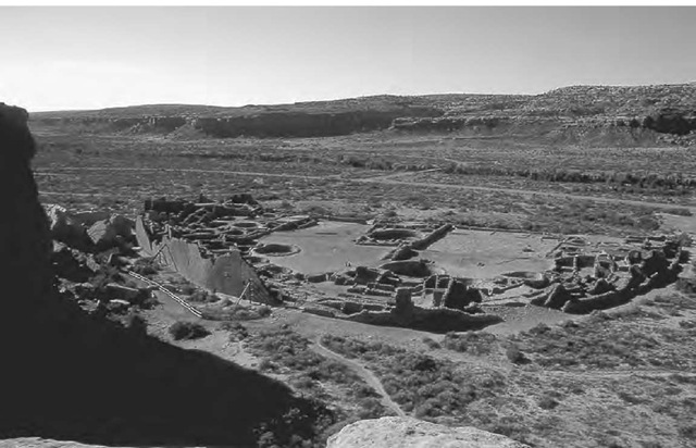 The extraordinary ruins of Pueblo Bonito in Chaco Canyon, viewed from the mesa top to the northwest. 