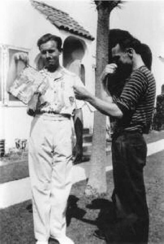 Ray Bradbury (left) with fellow science fiction writer Edmond Hamilton and a copy of Captain Future in Los Angeles, 1940 (Brackett estate) 