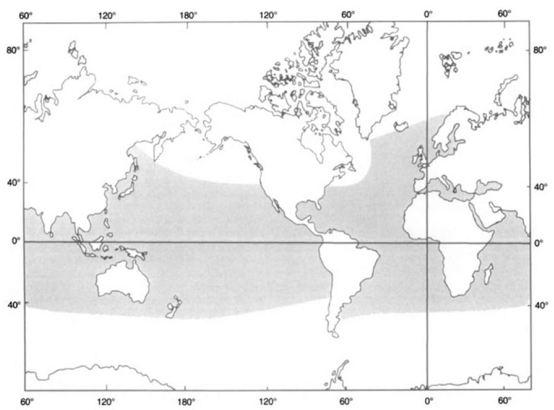 Shading indicates the species range of the common bottlenose dolphin, Tursiops truncatus. It is not possible to be explicit regarding the range of the Indian Ocean bottlenose dolphin, Tursiops aduncus, because of uncertainties regarding the taxonomic status of bottlenose dolphins in the Indian Ocean, but the species generally inhabits the coastal waters of the Indian and Western Pacific Oceans, along the entire eastern coast of Africa, through the Red Sea and Persian Gulf, eastward as far as Taiwan, and southeastward to the coastal waters of Australia. 