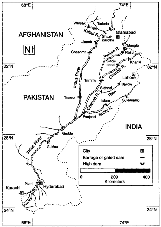 Map of the Indus river system of Pakistan showing dams and barrages that have fragmented the population of bhulans and degraded their habitat. 