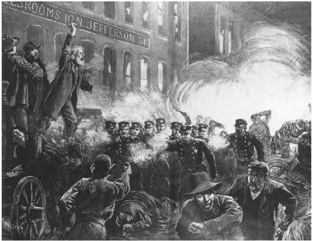 A bomb explodes as police battle rioters in Haymarket Square in Chicago on 4 May 1886. The explosion killed several people.