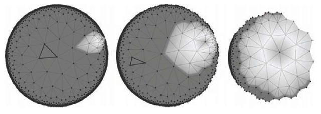 Navigation snapshot showing isometric transformation of HSOM tessellation. The three images were acquired while moving the focus from the center of the map to the highlighted region at the outer perimeter. Note the "fish-eye" effect: All triangles are congruent, but appear smaller as further they are away from the focus. 