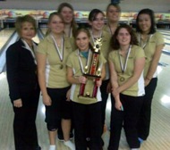 Benjamin Logan girls bowling team celebrates winning the Southwest Shootout from 1-2-10