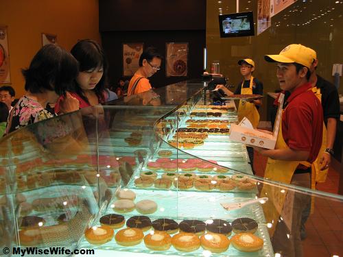 Choice of donuts at selection counter Choice of donuts at selection counter