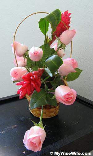 Back view - Red ginger torch and Pale pink roses