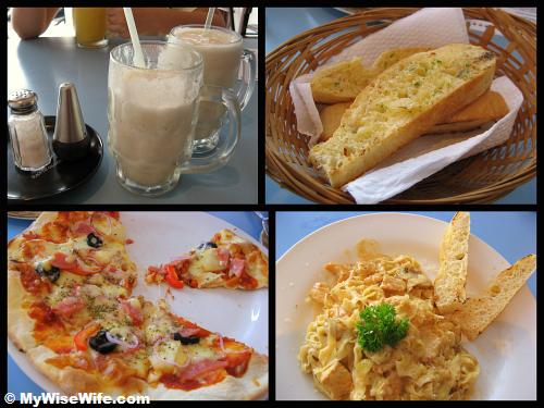 From top left (clock-wise): Banana Lassi, Garlic Bread, Truz (Pasta) and Hawaiian Pizza From top left (clock-wise): Banana Lassi, Garlic Bread, Truz (Pasta) and Hawaiian Pizza