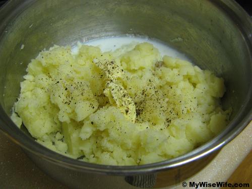 Add in margarine, milk, salt and pepper Add in margarine, milk, salt and pepper