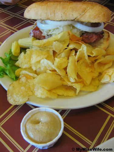 German Hot Dog with chips and mustard