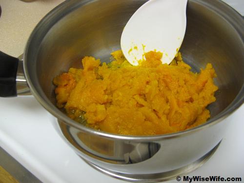 Mashed pumpkin in saucepan Mashed pumpkin in saucepan