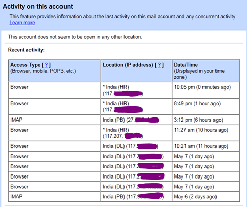 Gmail Session Details