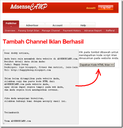 tambah channel iklan berhasil