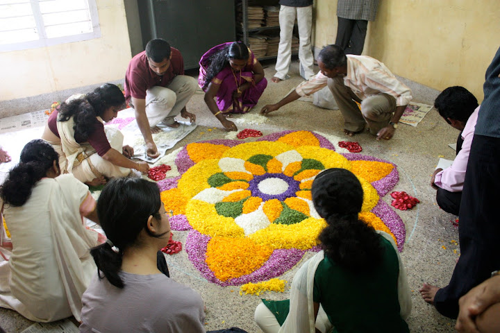 The pookkalam is an arrangement of various flower petal clippings