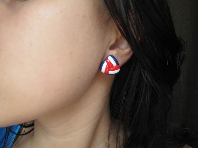 Cercei handmade din Fimo, Rosu, alb, albastru