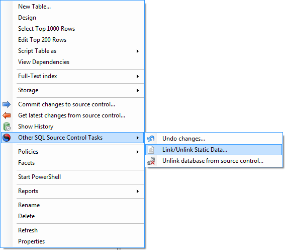 Context menu to add a table to VCS as static data