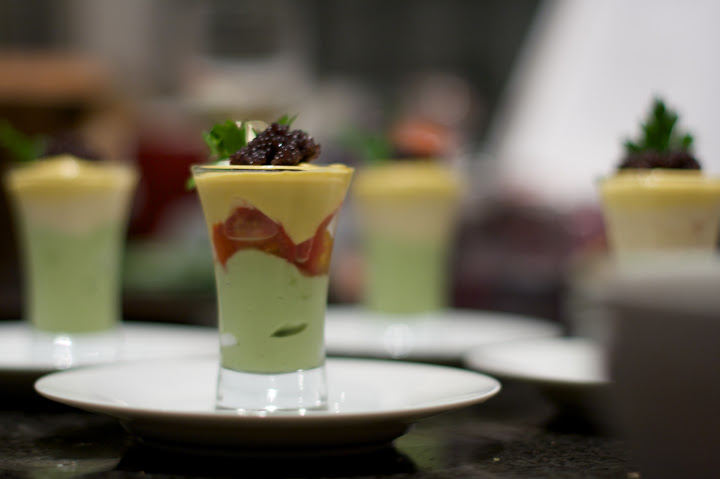 Trifle of tea-smoked tomato with avocado custard, sweetcorn compote, caviar