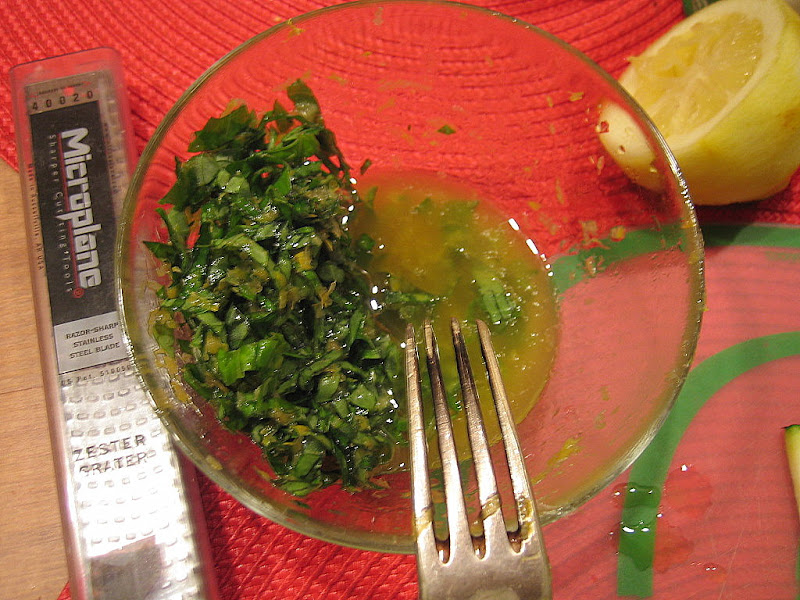 Mixing the lemon-basil vinaigrette / sauce