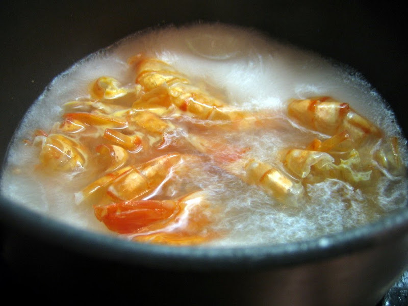Making shrimp broth is easy - just use the shells you peeled off your shrimp. Theyll turn red as theyre simmering in the water with the bay leaves, garlic and vermouth.