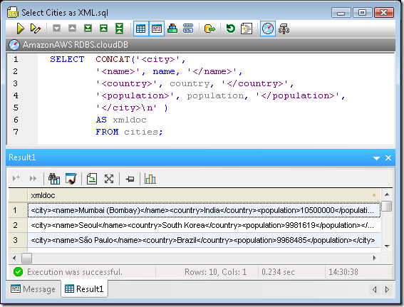 Using the Concat( ) function to add XML elements to data from a non-XML table