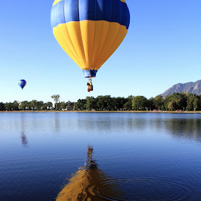 Balloon Reflection by Bryan Rasmussen - Artistic Objects Other Objects ( hot air balloon, reflection, sky, blue, ripple, lake, yellow, balloon )