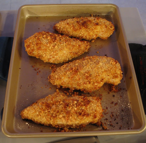 The chicken is baked for about 20 minutes in the oven.