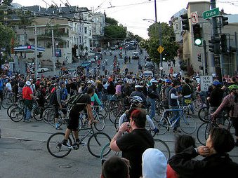 Critical Mass at Market and Castro Critical Mass riders fill the intersection of Market and Castro streets in 2005.