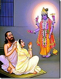 Krishna showing His Vishnu form to Vasudeva and Devaki