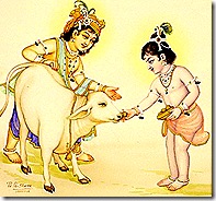Krishna and Balarama feeding a cow