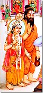 Vishvamitra and Lakshmana watching Rama break the bow