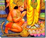 Hanuman worshiping the lotus feet of Rama