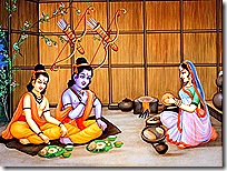 Sita Devi eating with Rama and Lakshmana