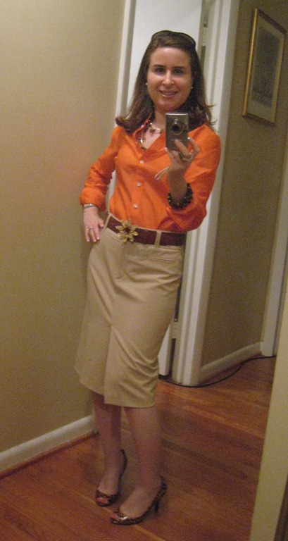 [Anne in Orange Dress Shirt and Light Camel Pencil Skirt with Joley Tortoise Heels[4].jpg]