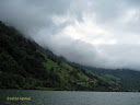 The slope of a cloud covered hill descending down to meet Lake Lucerne